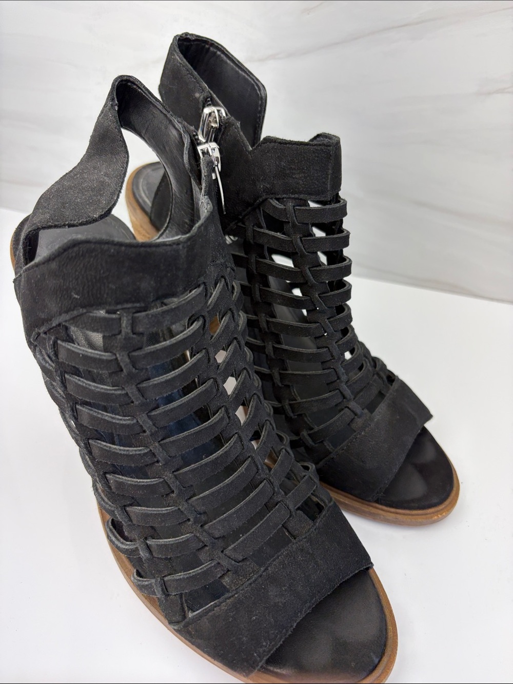 Vince Camuto Black Woven Suede Peep-Toe Heeled Sandals